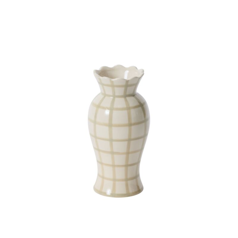 White ceramic vase with scalloped rim and grid pattern on a white background