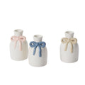 Three small white vases with colorful hand painted bow decorations on a white background