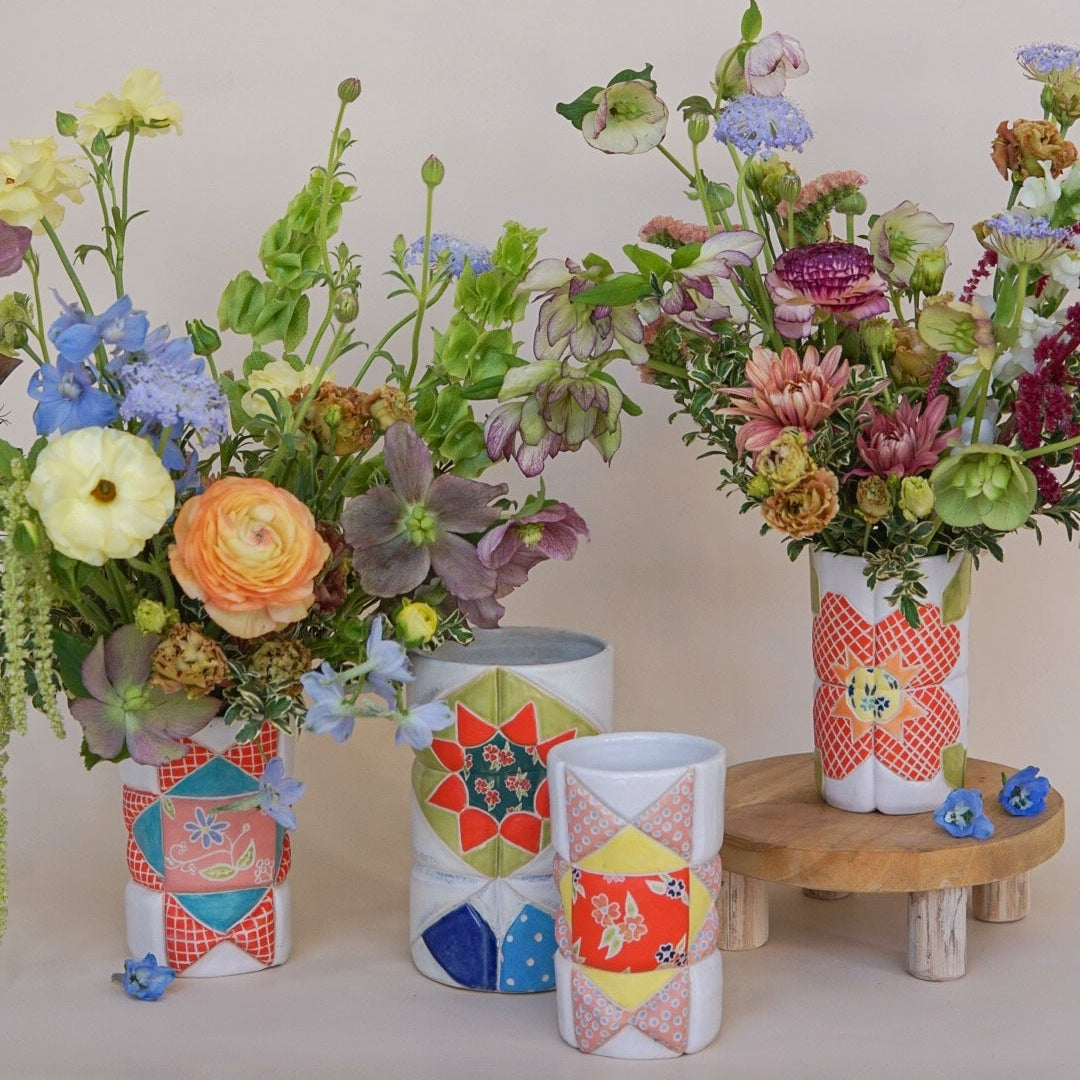 Limited Edition: Heirloom Quilted Ceramic Vase with Flowers
