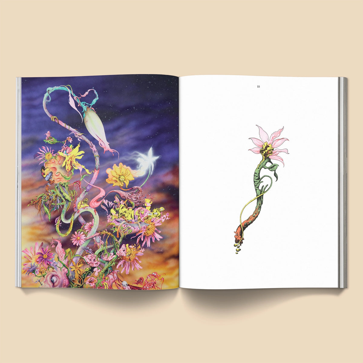Open book with colorful illustrations of plants and creatures on a beige background
