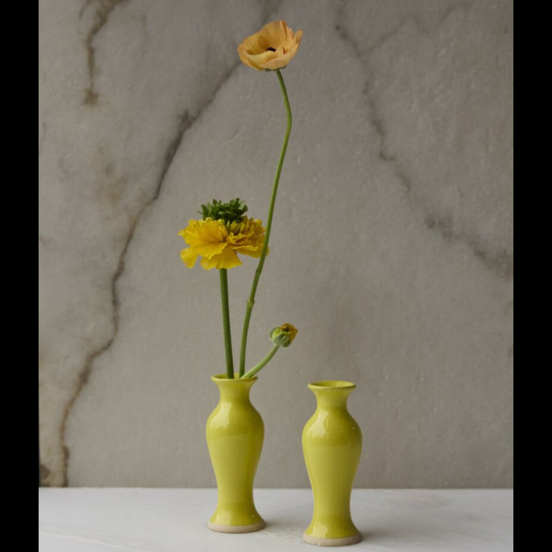 Two small green vases with yellow flowers against a marble background